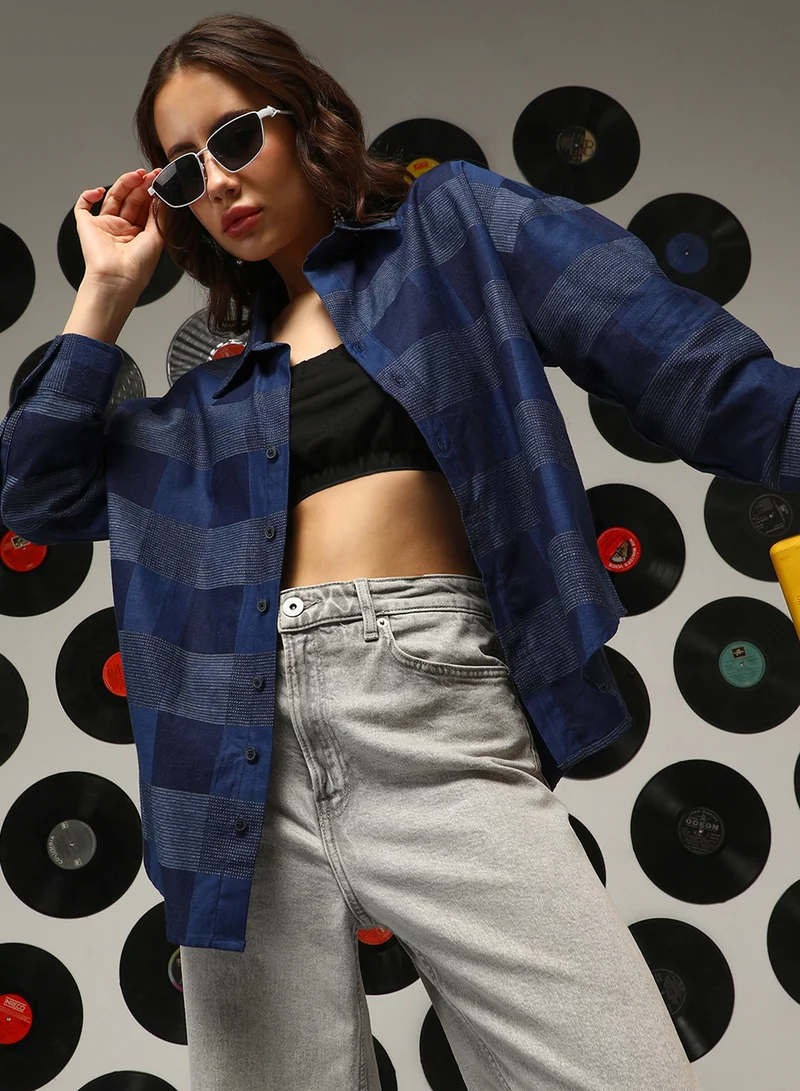 كامبوس سوترا Women's Steel Blue Buffalo-Check Oversized Shirt For Casual Wear | Spread Collar | Long Sleeves | Button Closure | Oversized Shirt Crafted With Comfort Fit For Everyday Wear